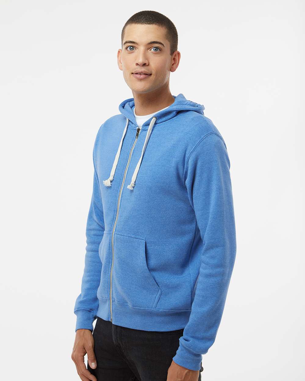 Men's Triblend Full-Zip Hooded Sweatshirt - OnModelSide - B23728752 - Cool Royal Triblend