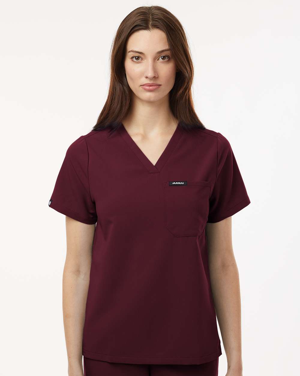 Women's Rhena Essential 1-Pocket Scrub V-Neck Top - OnModelFront - B00645521 - Burgundy