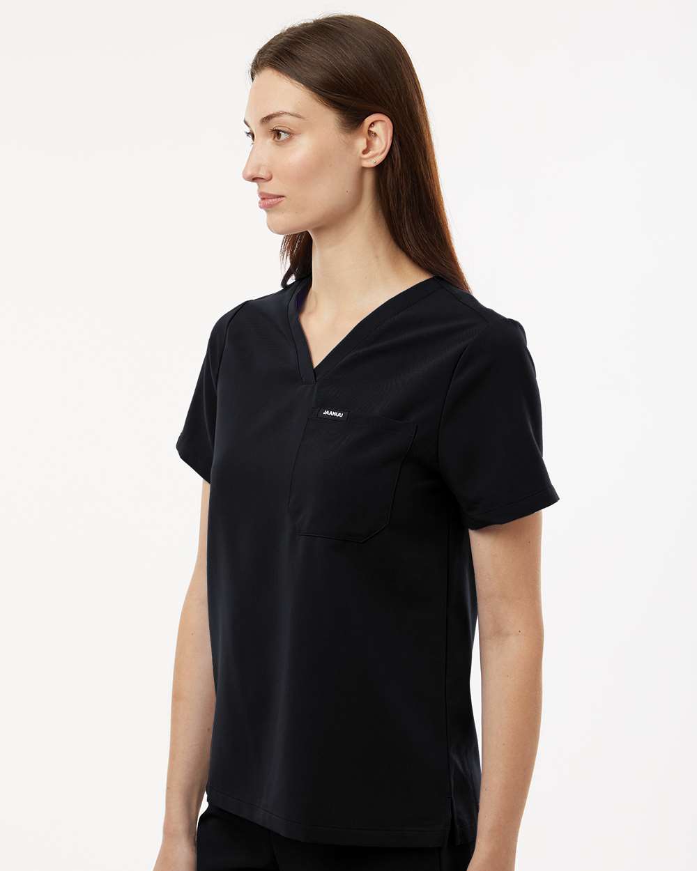 Women's Rhena Essential 1-Pocket Scrub V-Neck Top - OnModelSide - B00645501 - Black