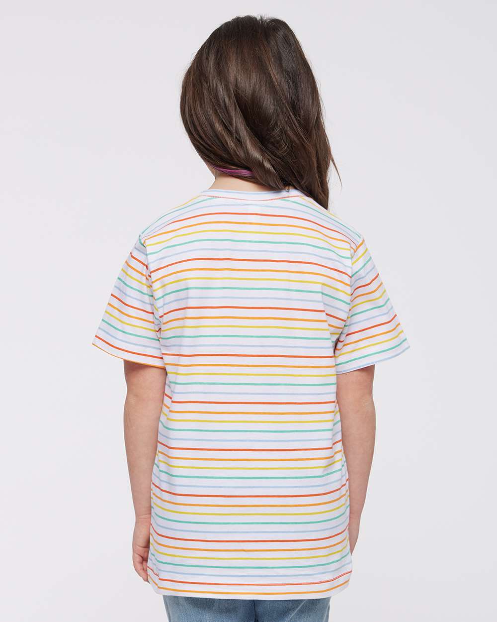 Youth Fine Jersey Tee - OnModelBack - B38038372 - Rainbow Stripe