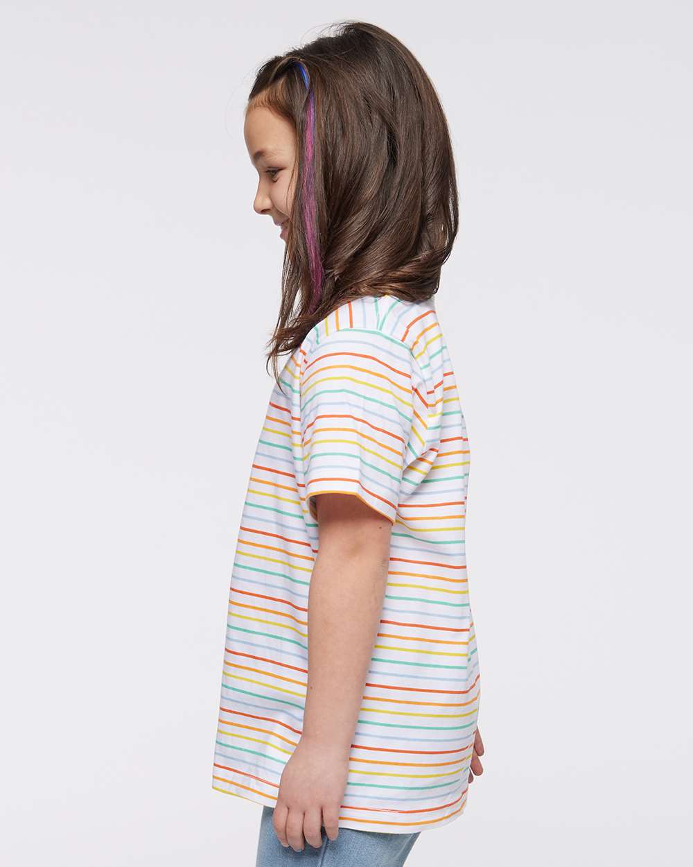 Youth Fine Jersey Tee - OnModelSide - B38038372 - Rainbow Stripe