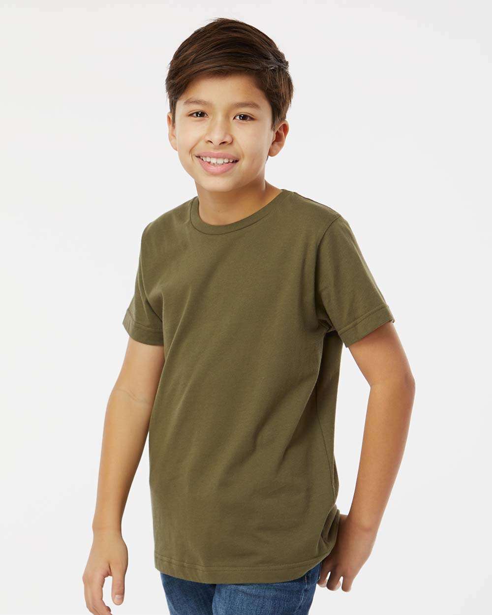 Youth Fine Jersey Tee - OnModelSide - B38038632 - Military Green