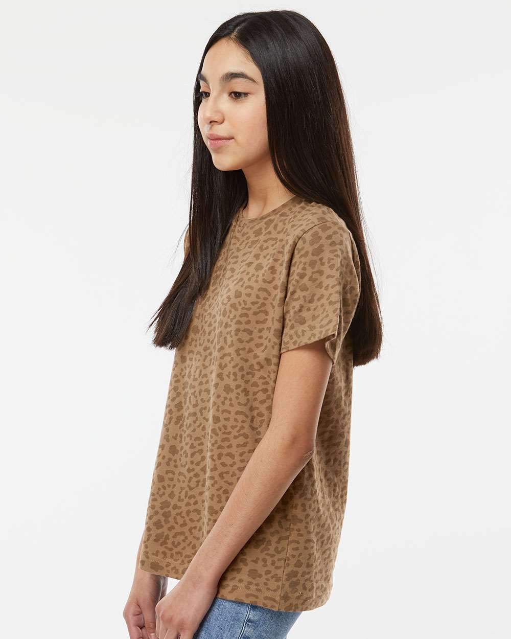 Youth Fine Jersey Tee - OnModelSide - B38038842 - Brown Leopard