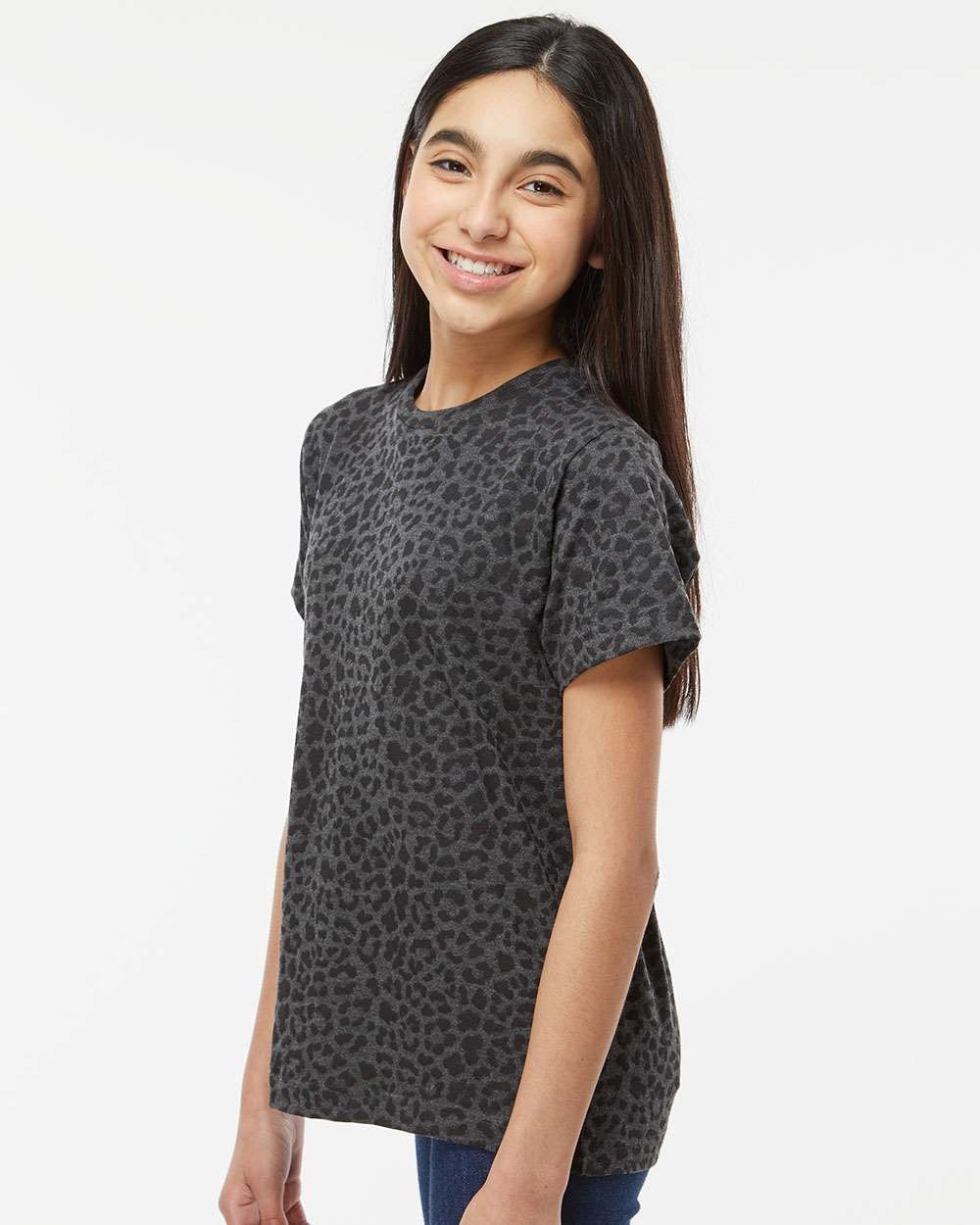 Youth Fine Jersey Tee - OnModelSide - B38038852 - Black Leopard