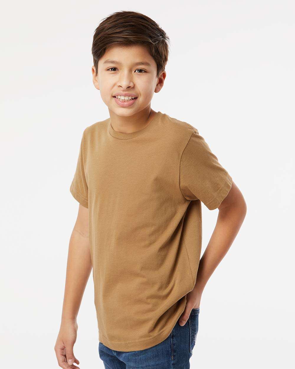 Youth Fine Jersey Tee - OnModelSide - B38038872 - Coyote Brown