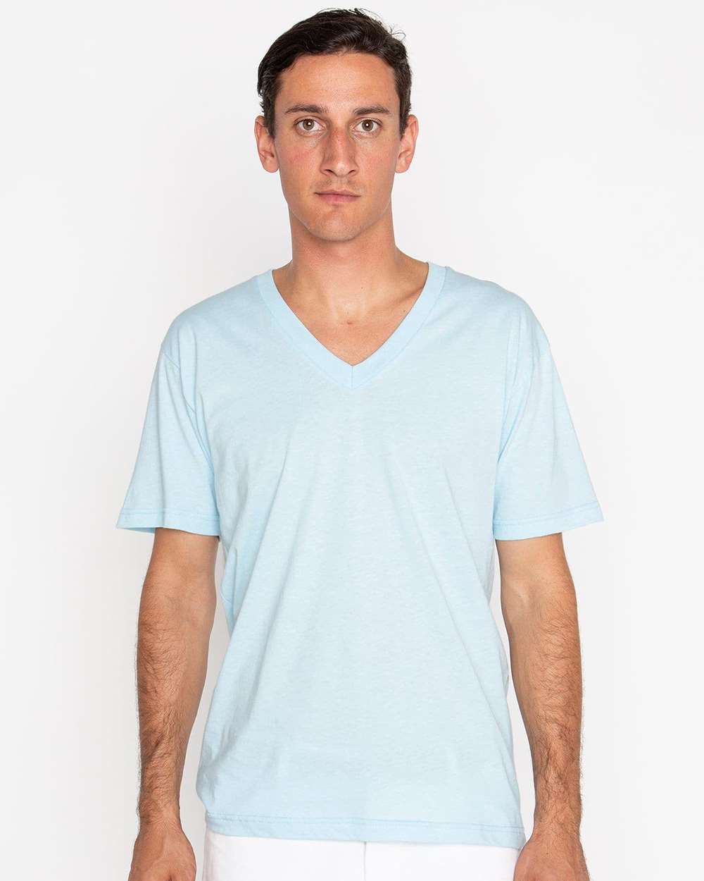 Unisex USA-Made Fine Jersey V-Neck T-Shirt - OnModelFront - B11163252 - Light Blue