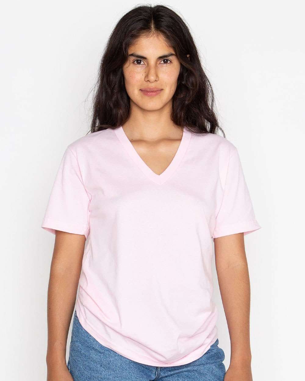 Unisex USA-Made Fine Jersey V-Neck T-Shirt - OnModelFront - B11163302 - Light Pink