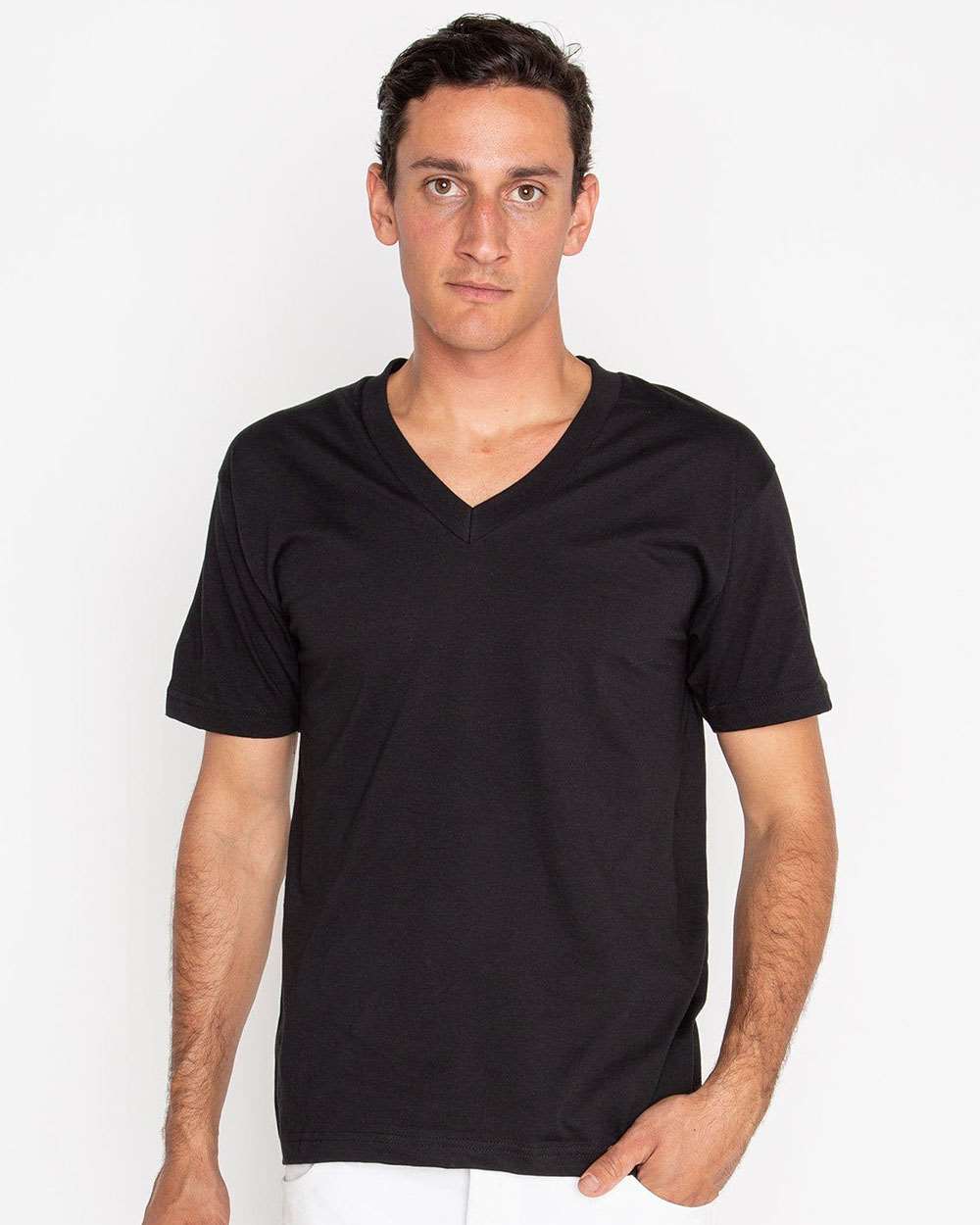 Unisex USA-Made Fine Jersey V-Neck T-Shirt - OnModelFront - B11163502 - Black