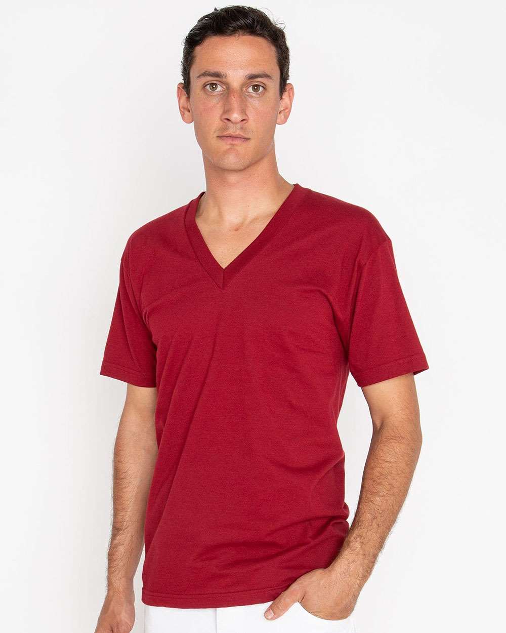 Unisex USA-Made Fine Jersey V-Neck T-Shirt - OnModelFront - B11163522 - Cranberry
