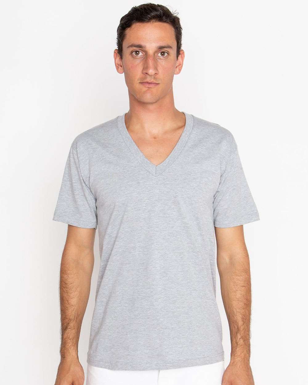Unisex USA-Made Fine Jersey V-Neck T-Shirt - OnModelFront - B11163582 - Heather Grey