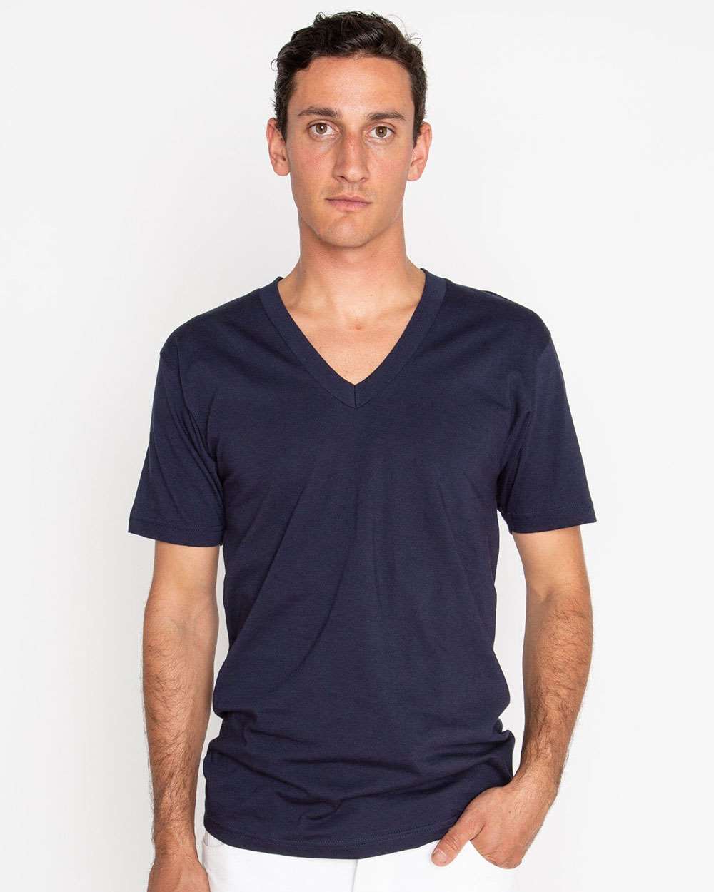 Unisex USA-Made Fine Jersey V-Neck T-Shirt - OnModelFront - B11163652 - Navy