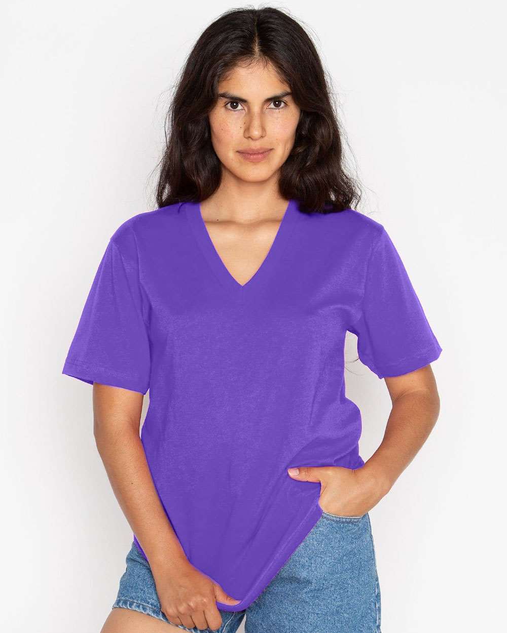 Unisex USA-Made Fine Jersey V-Neck T-Shirt - OnModelFront - B11163672 - Purple