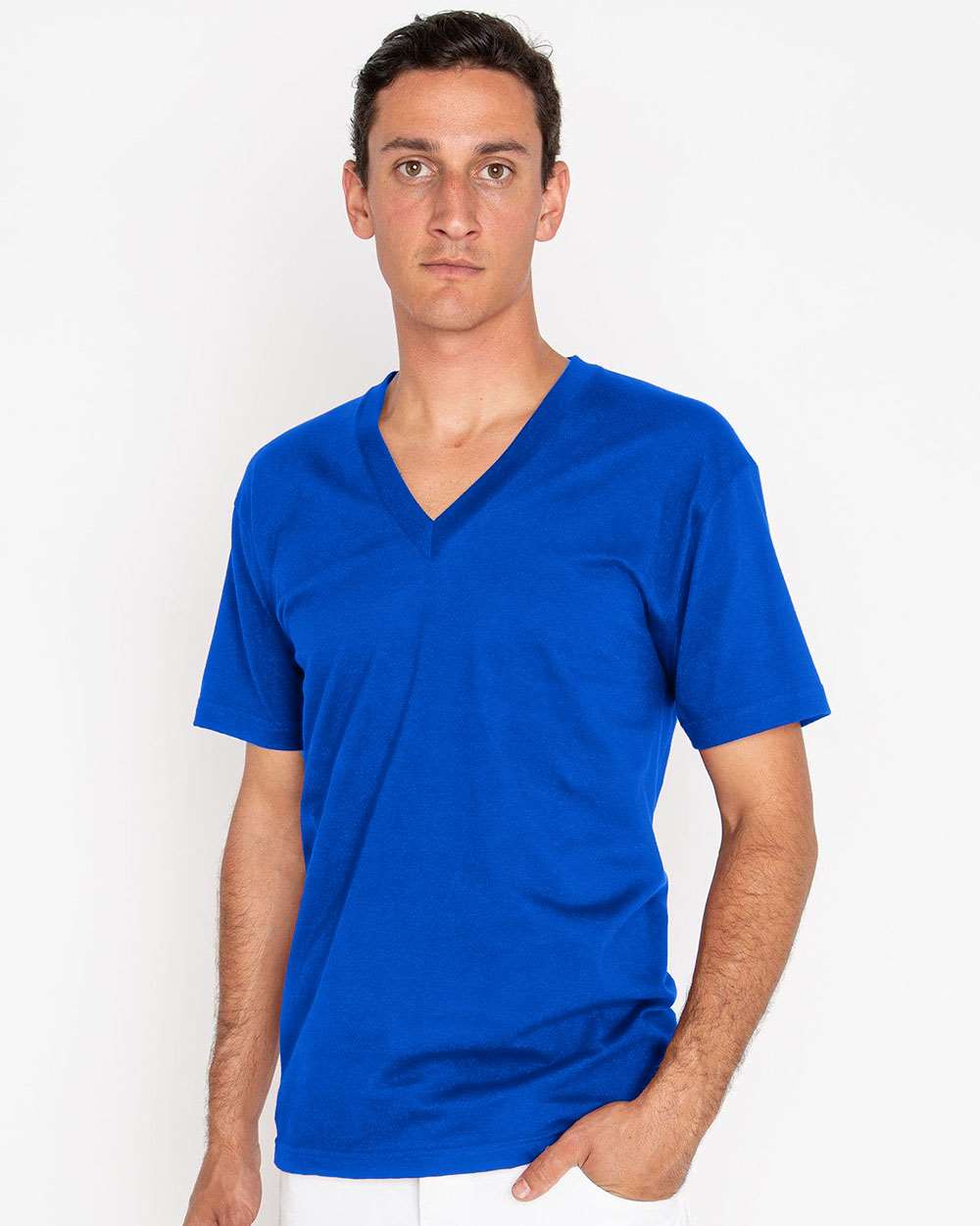 Unisex USA-Made Fine Jersey V-Neck T-Shirt - OnModelFront - B11163752 - Lapis