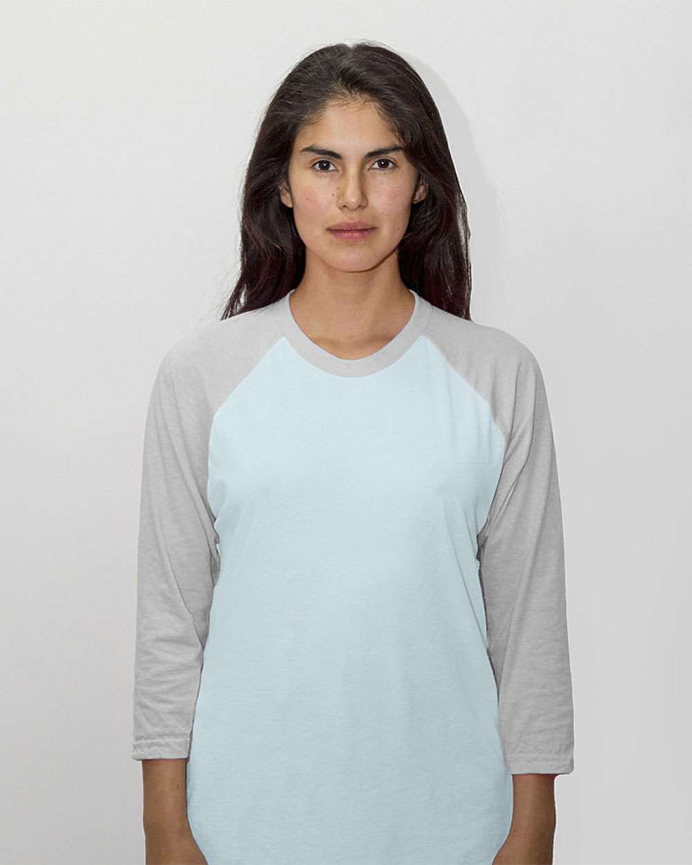 Unisex USA-Made Three-Quarter Sleeve Raglan Baseball T-Shirt - OnModelFront - B12363112 - Light Blue/ Heather Grey