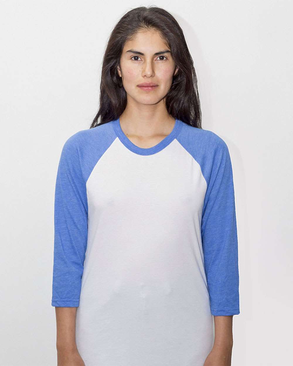 Unisex USA-Made Three-Quarter Sleeve Raglan Baseball T-Shirt - OnModelFront - B12363122 - White/ Heather Lake Blue