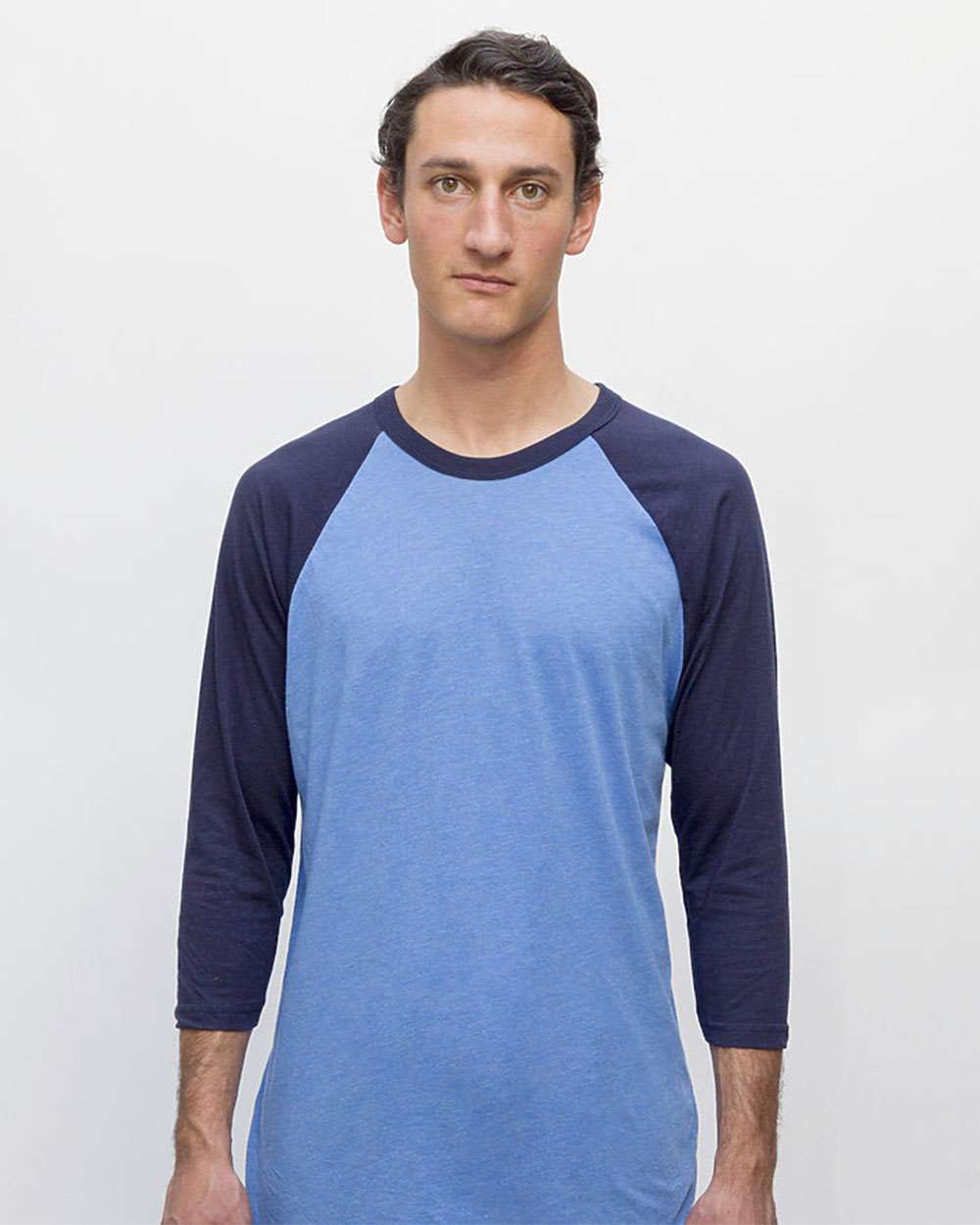 Unisex USA-Made Three-Quarter Sleeve Raglan Baseball T-Shirt - OnModelFront - B12363262 - Heather Lake Blue/ Navy