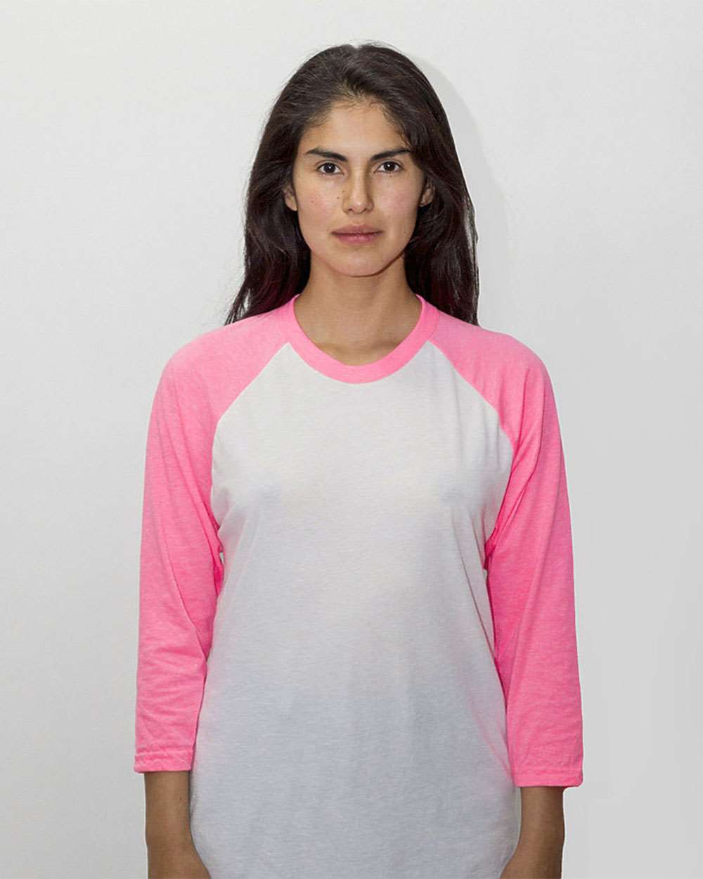 Unisex USA-Made Three-Quarter Sleeve Raglan Baseball T-Shirt - OnModelFront - B12363312 - White/ Neon Heather Pink