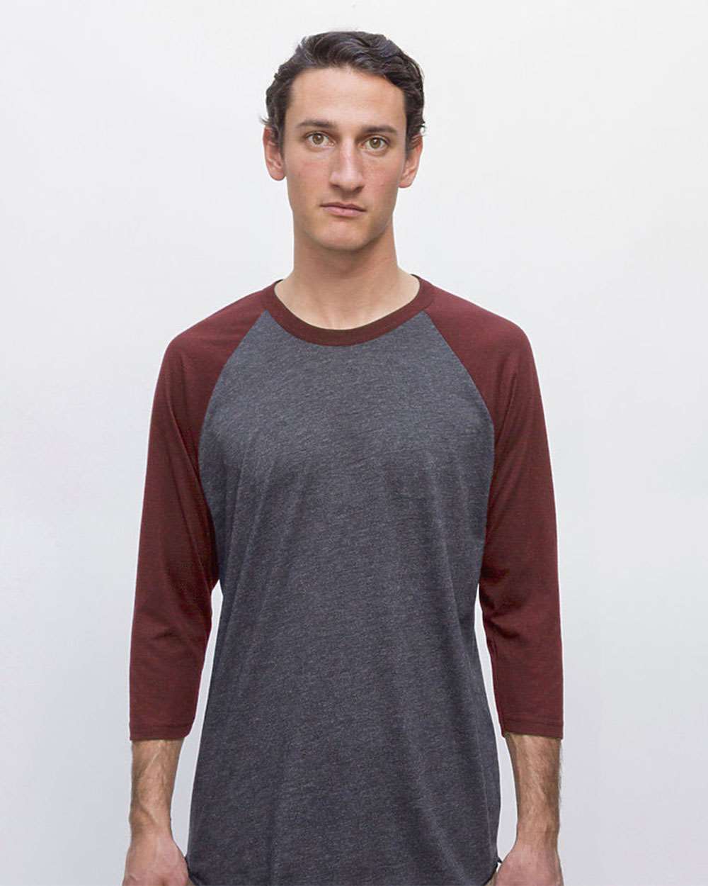 Unisex USA-Made Three-Quarter Sleeve Raglan Baseball T-Shirt - OnModelFront - B12363552 - Heather Black/ Truffle