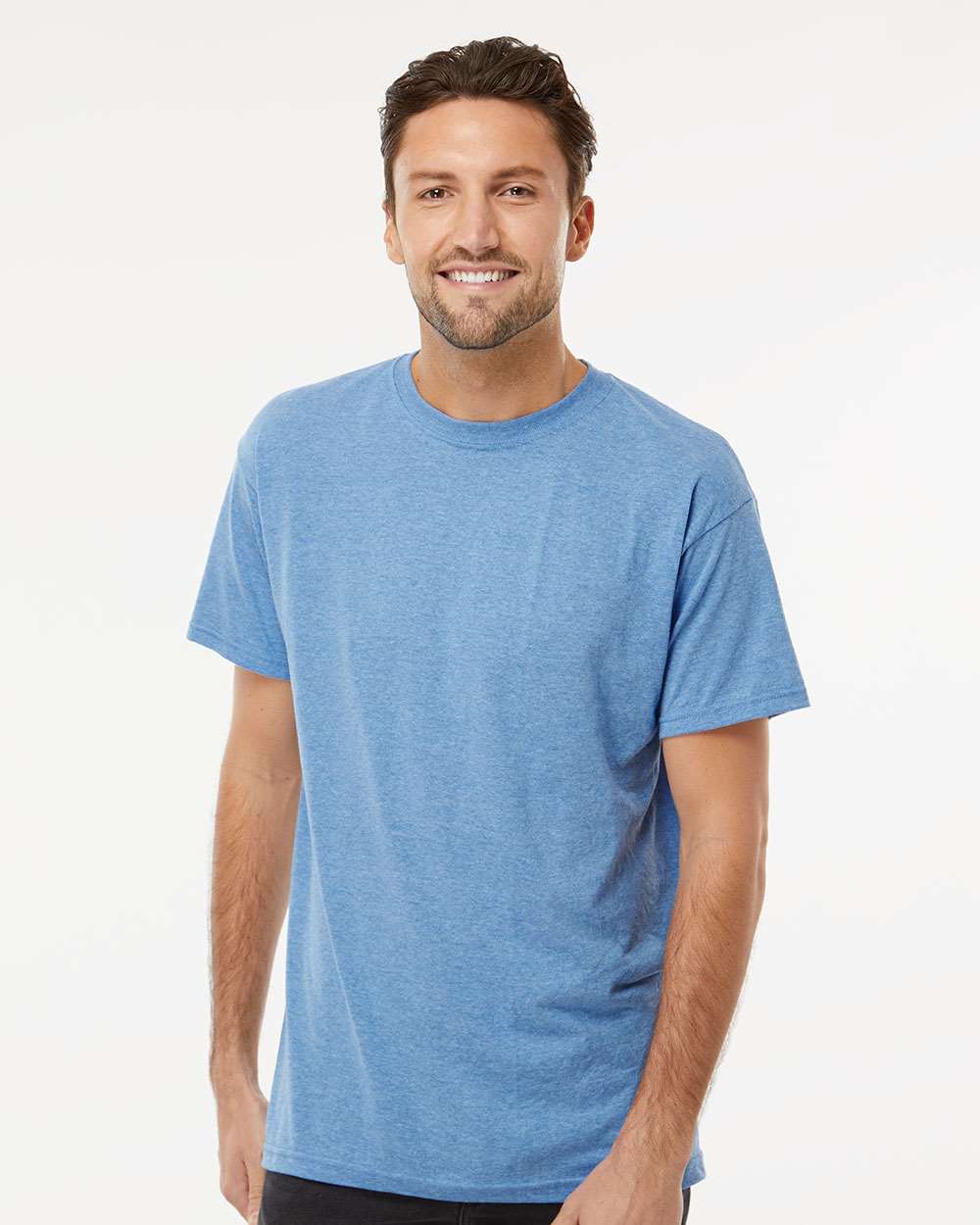 Men's Gold Soft Touch T-Shirt - OnModelFront - B01542133 - Light Blue Heather