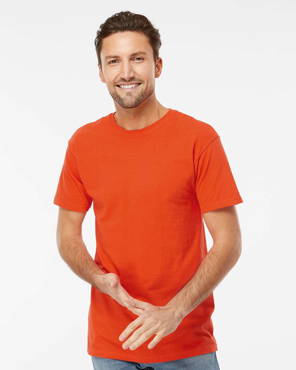Men's Gold Soft Touch T-Shirt - OnModelFront - B01542323 - Burnt Orange