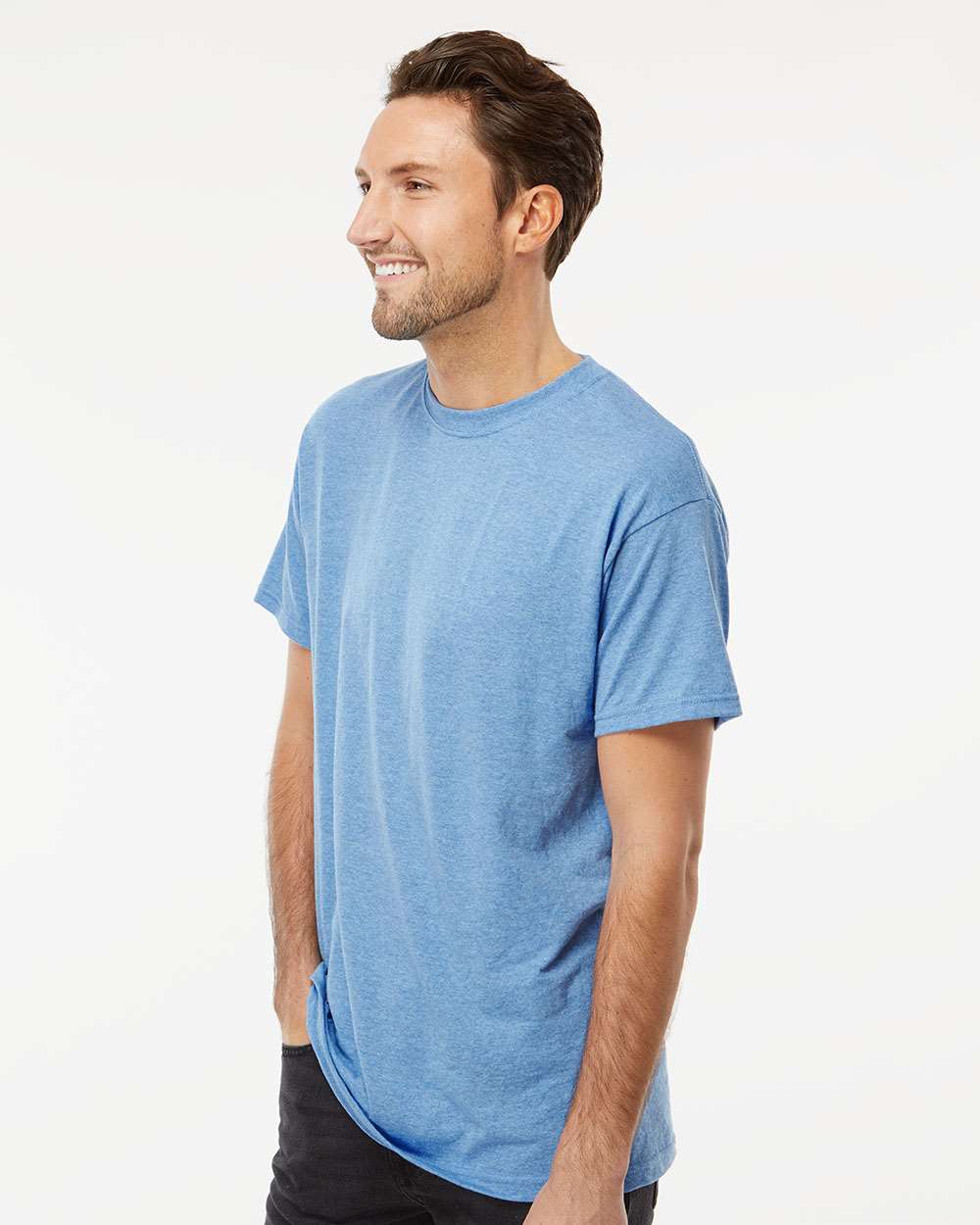 Men's Gold Soft Touch T-Shirt - OnModelSide - B01542133 - Light Blue Heather