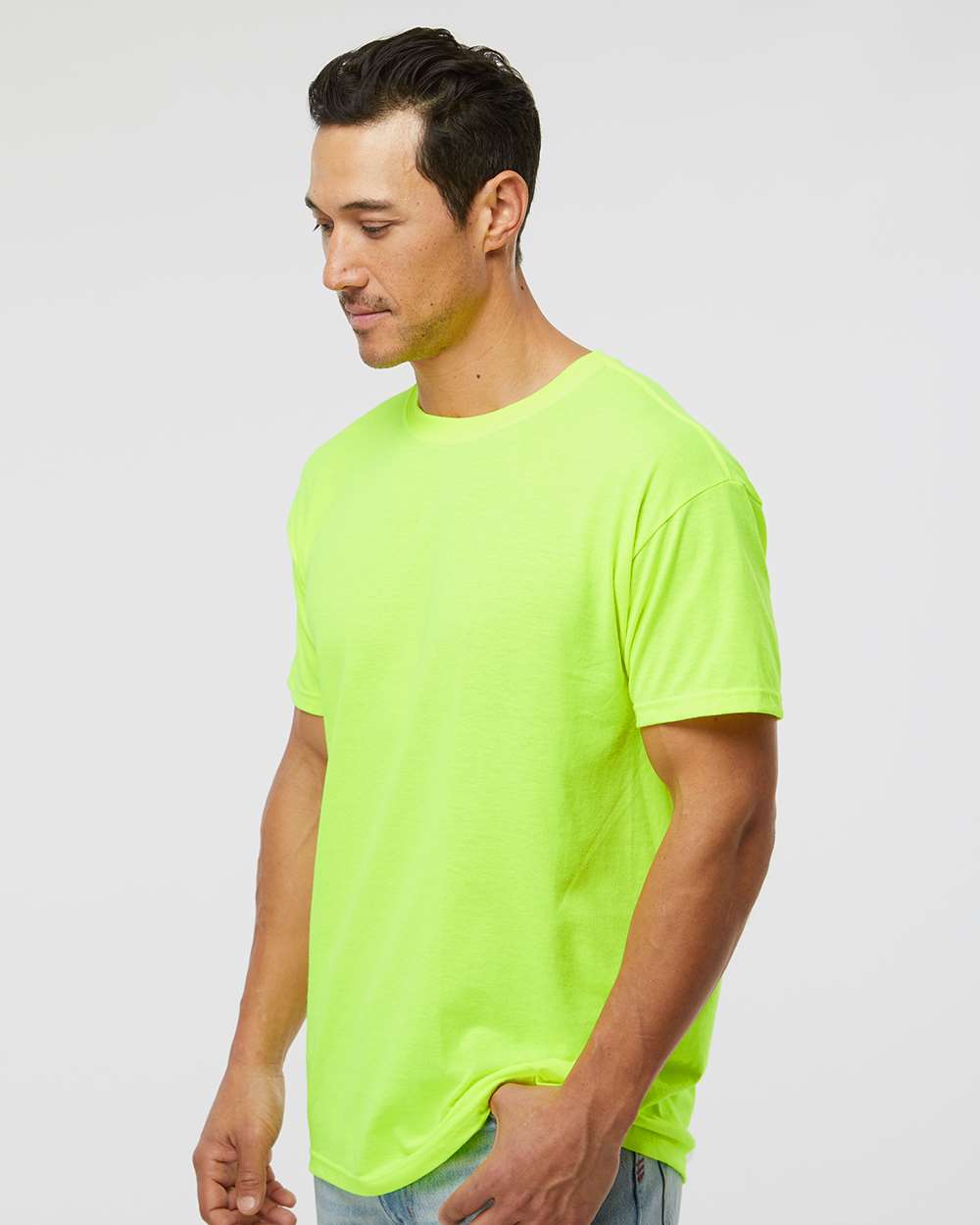 Men's Gold Soft Touch T-Shirt - OnModelSide - B01542183 - Safety Green