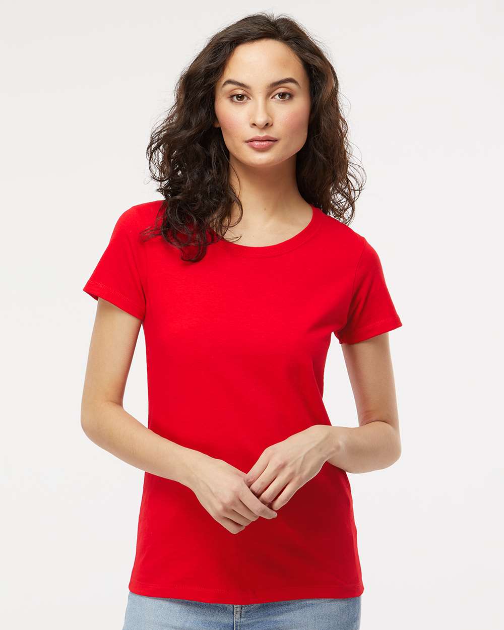 Women's Gold Soft Touch T-Shirt - OnModelFront - B01642702 - Deep Red