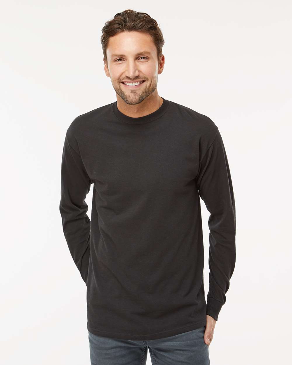 Unisex Gold Soft Touch Long Sleeve T-Shirt - OnModelFront - B01742502 - Black