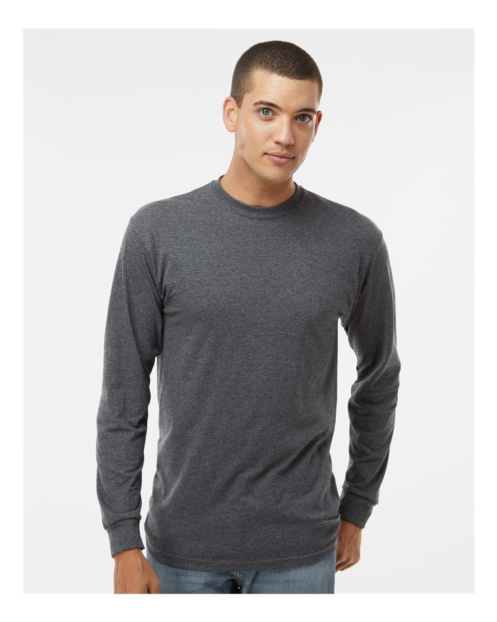 Unisex Gold Soft Touch Long Sleeve T-Shirt - OnModelFront - B01742653 - Dark Heather