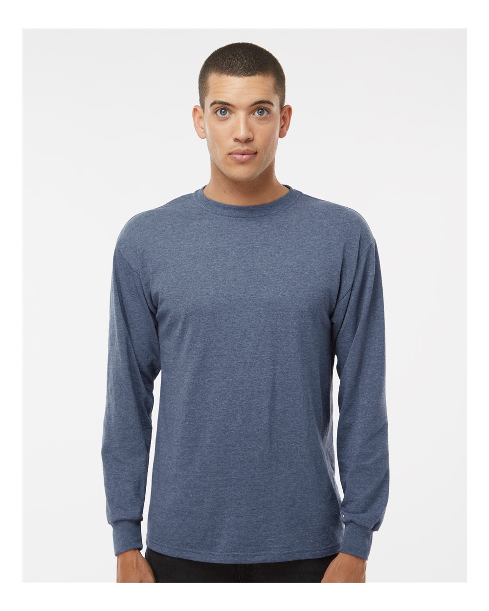 Unisex Gold Soft Touch Long Sleeve T-Shirt - OnModelFront - B01742663 - Heather Navy