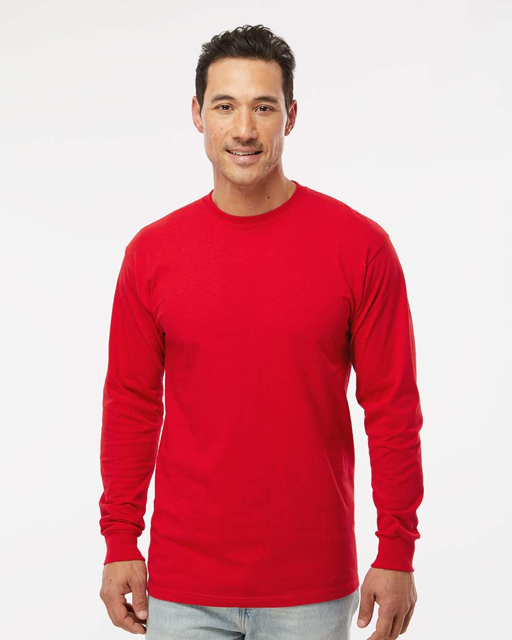 Unisex Gold Soft Touch Long Sleeve T-Shirt - OnModelFront - B01742703 - Deep Red