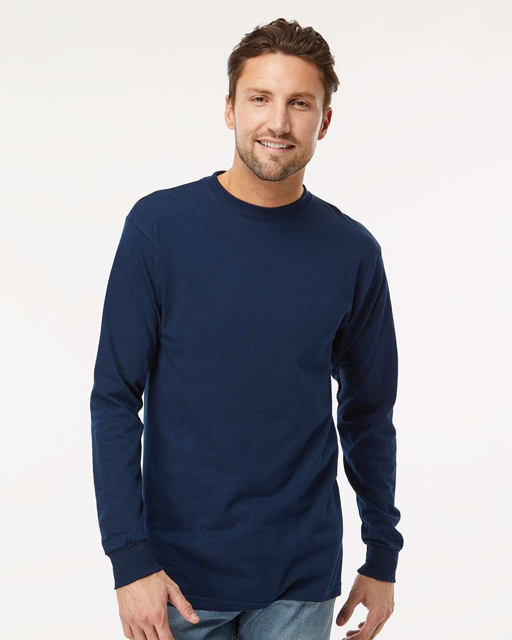 Unisex Gold Soft Touch Long Sleeve T-Shirt - OnModelFront - B01742863 - Deep Navy