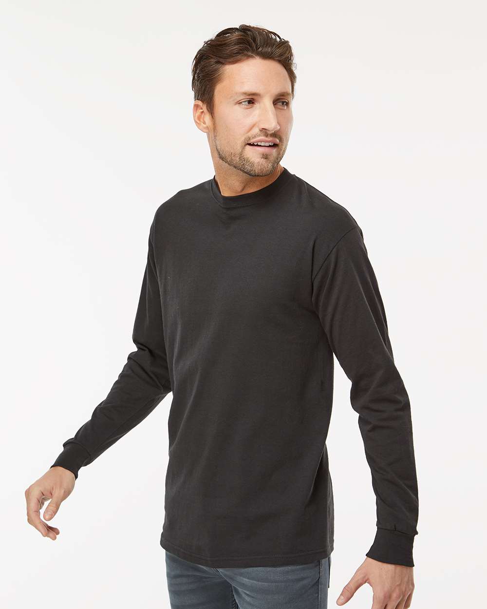 Unisex Gold Soft Touch Long Sleeve T-Shirt - OnModelSide - B01742502 - Black