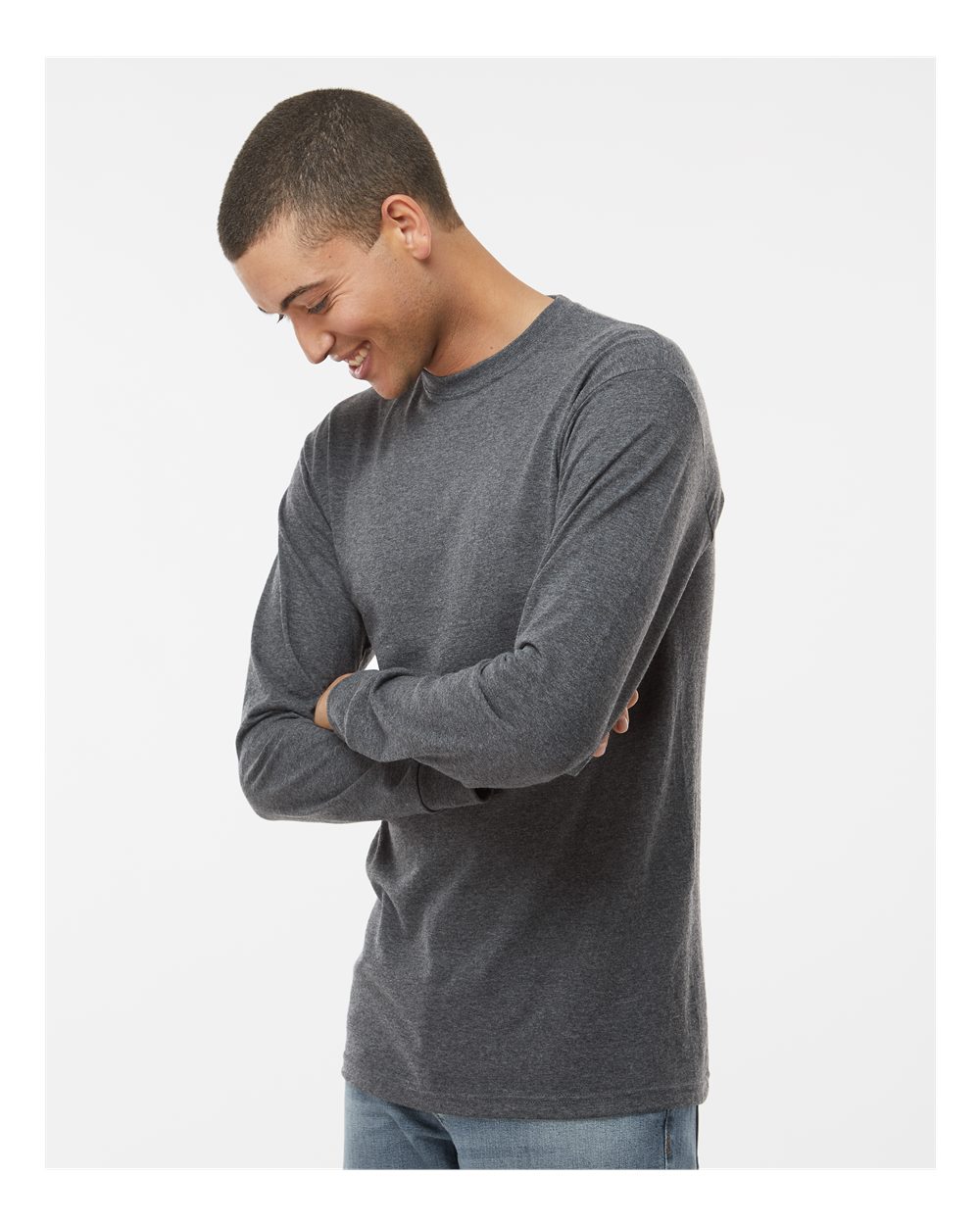 Unisex Gold Soft Touch Long Sleeve T-Shirt - OnModelSide - B01742653 - Dark Heather