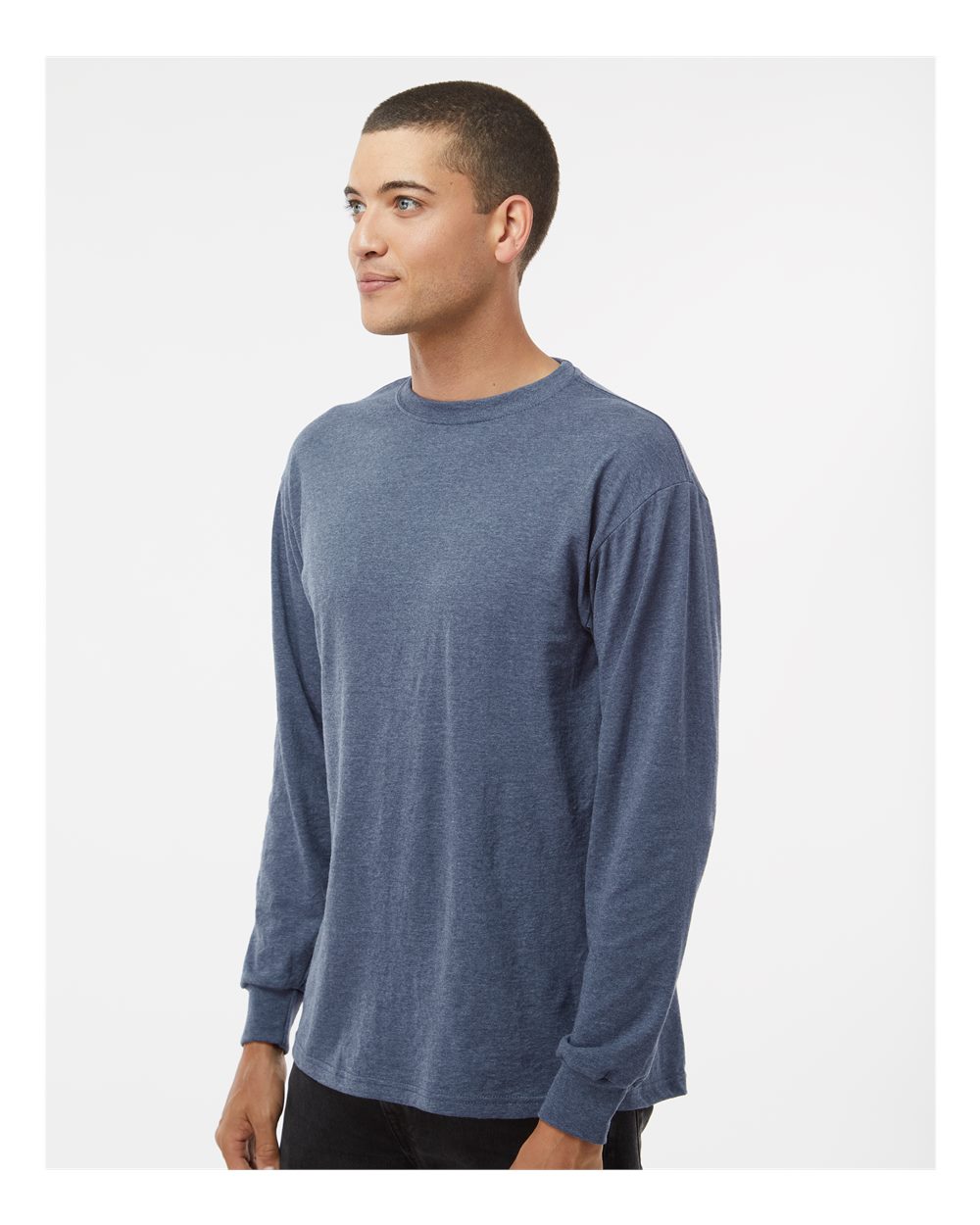 Unisex Gold Soft Touch Long Sleeve T-Shirt - OnModelSide - B01742663 - Heather Navy