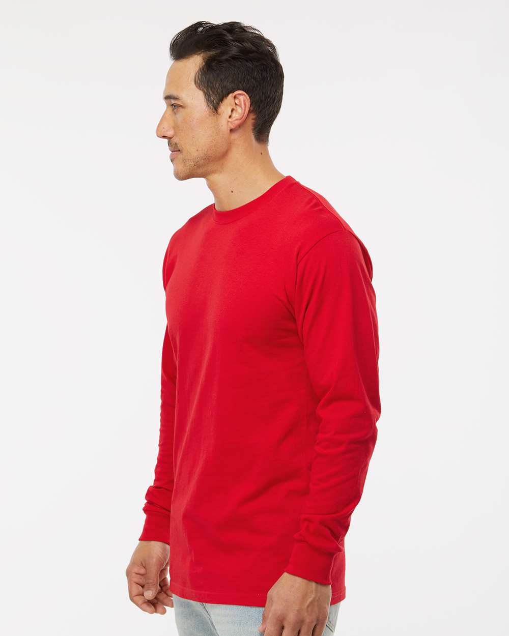 Unisex Gold Soft Touch Long Sleeve T-Shirt - OnModelSide - B01742703 - Deep Red