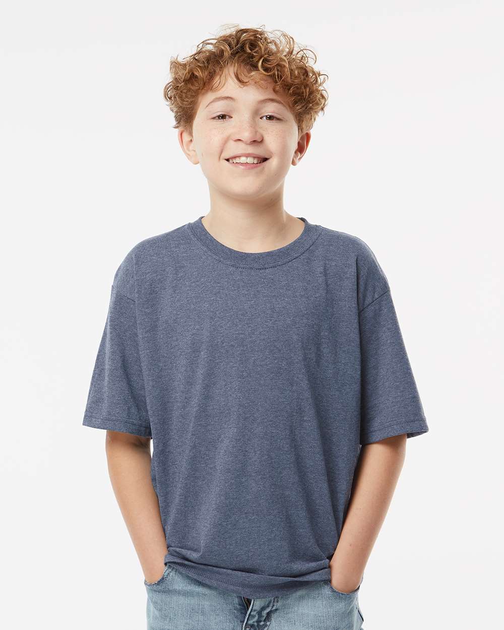 Youth Gold Soft Touch T-Shirt - OnModelFront - B01842102 - Heather Navy