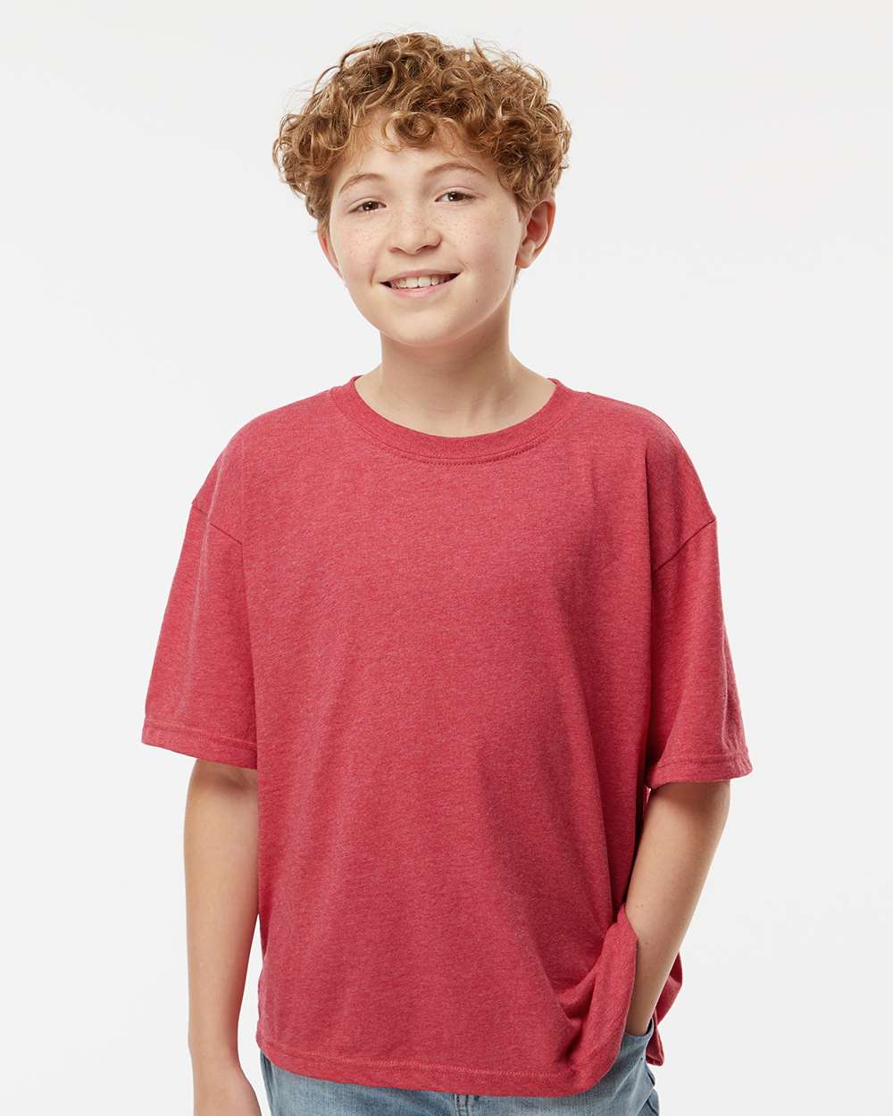 Youth Gold Soft Touch T-Shirt - OnModelFront - B01842702 - Heather Red