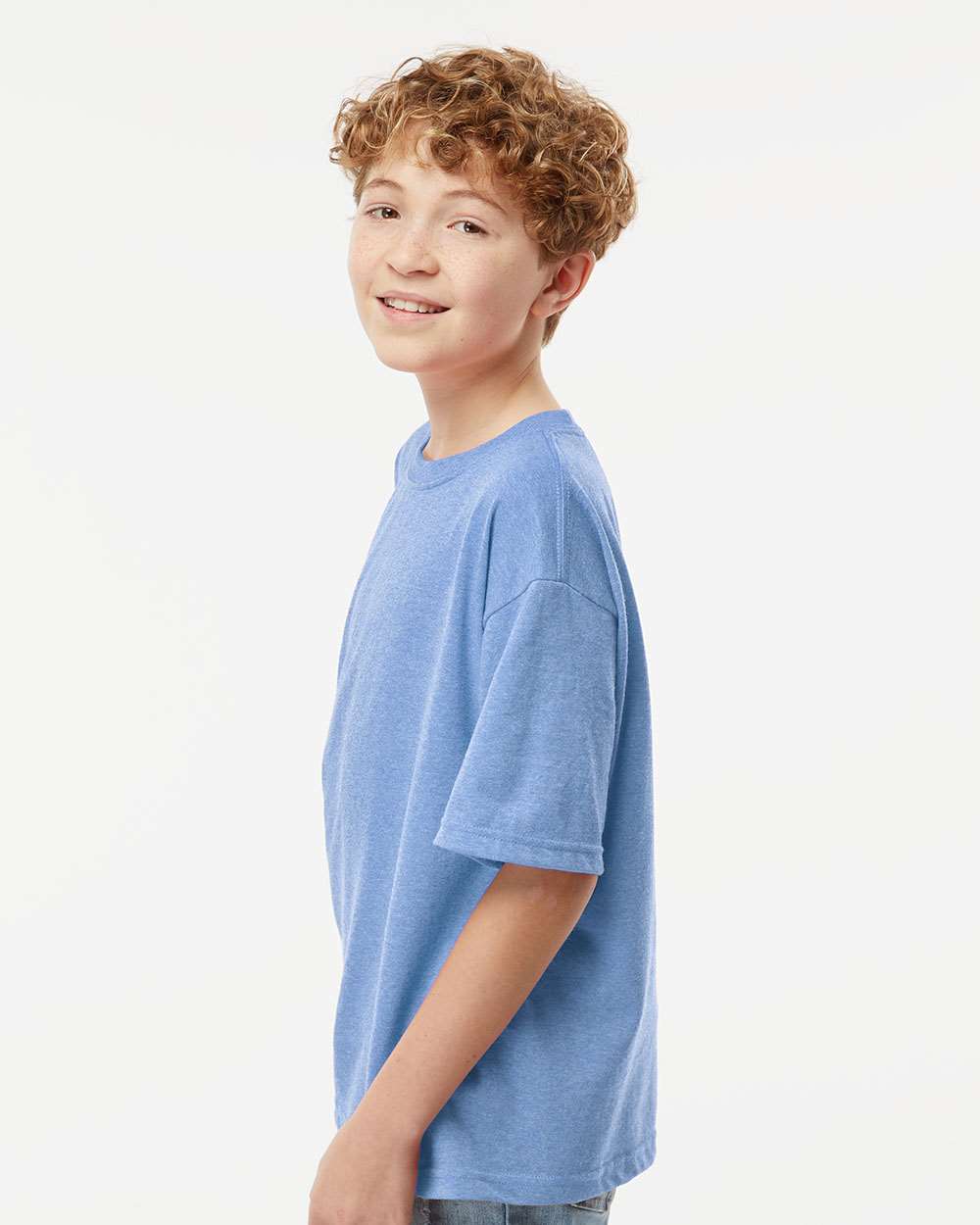 Youth Gold Soft Touch T-Shirt - OnModelSide - B01842272 - Light Blue Heather