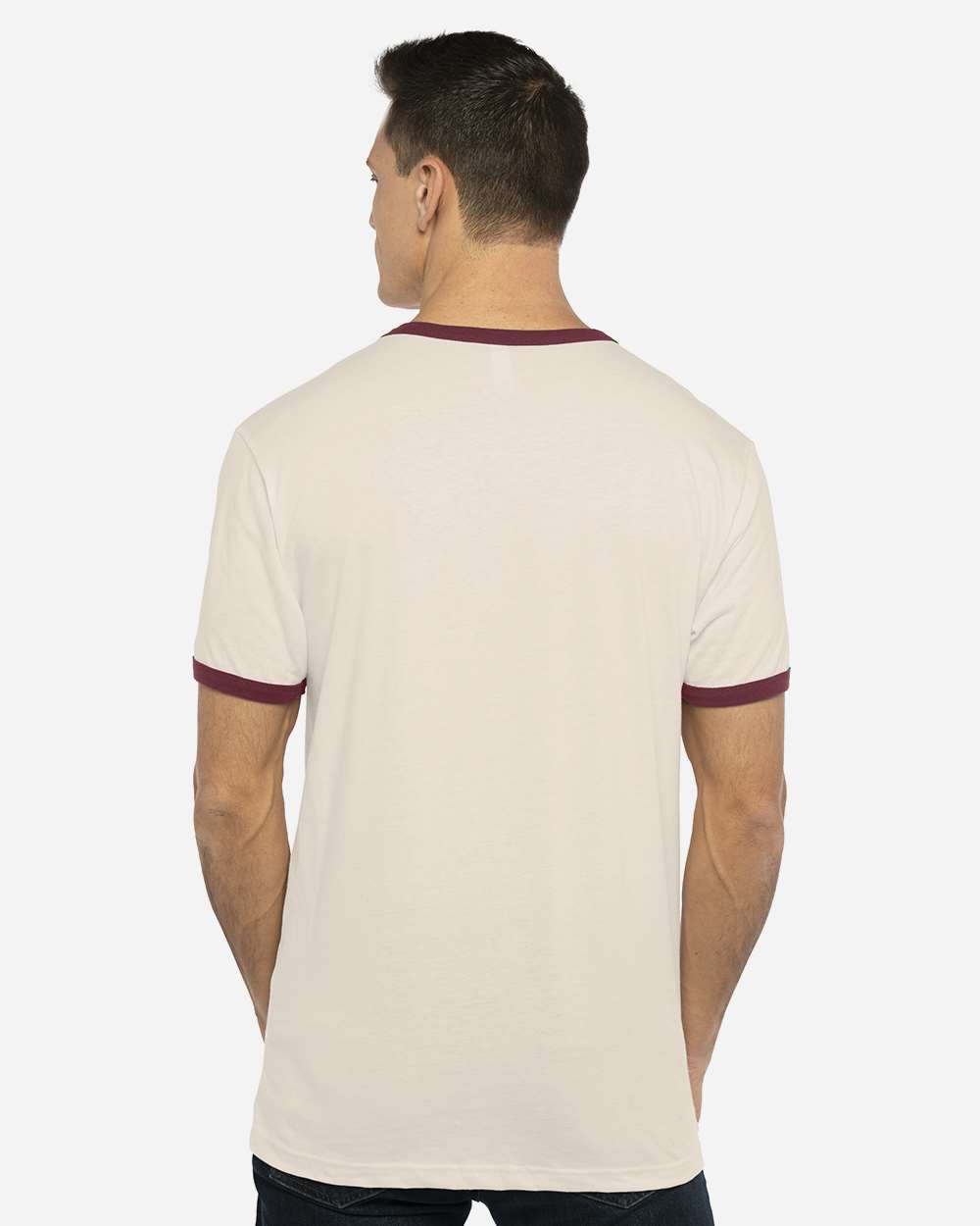 Unisex Cotton Ringer T-Shirt - OnModelBack - B20118532 - Natural/ Maroon
