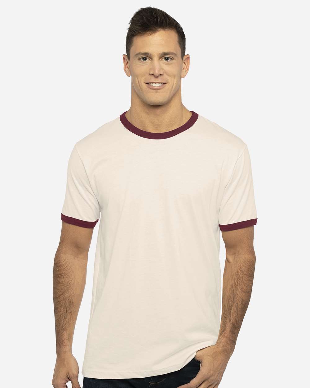 Unisex Cotton Ringer T-Shirt - OnModelFront - B20118532 - Natural/ Maroon
