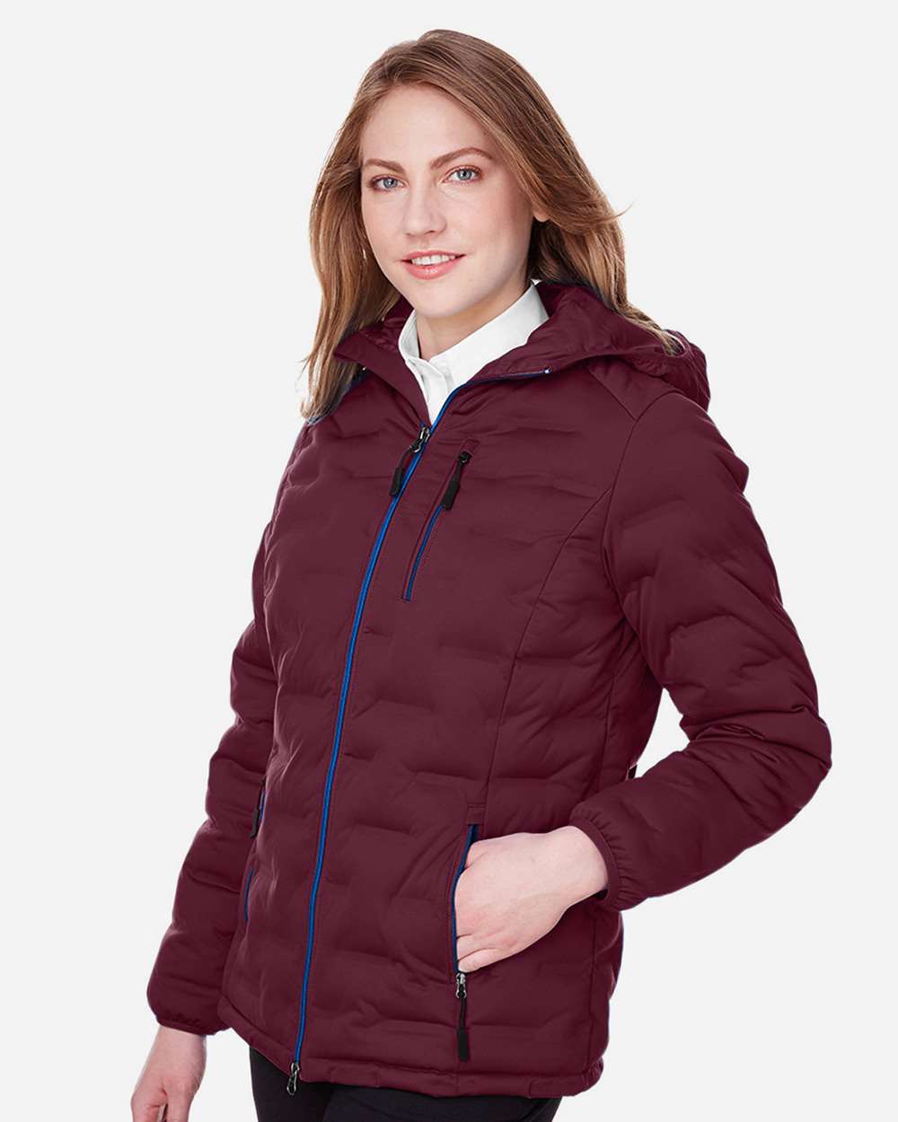 Women's Loft Puffer Jacket - OnModelSide - B192D3132 - Burgundy/ Olympic Blue