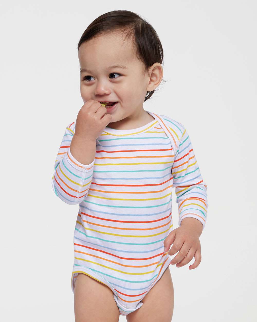 Infant Fine Jersey Long Sleeve Bodysuit - OnModelFront - B08138991 - Rainbow Stripe