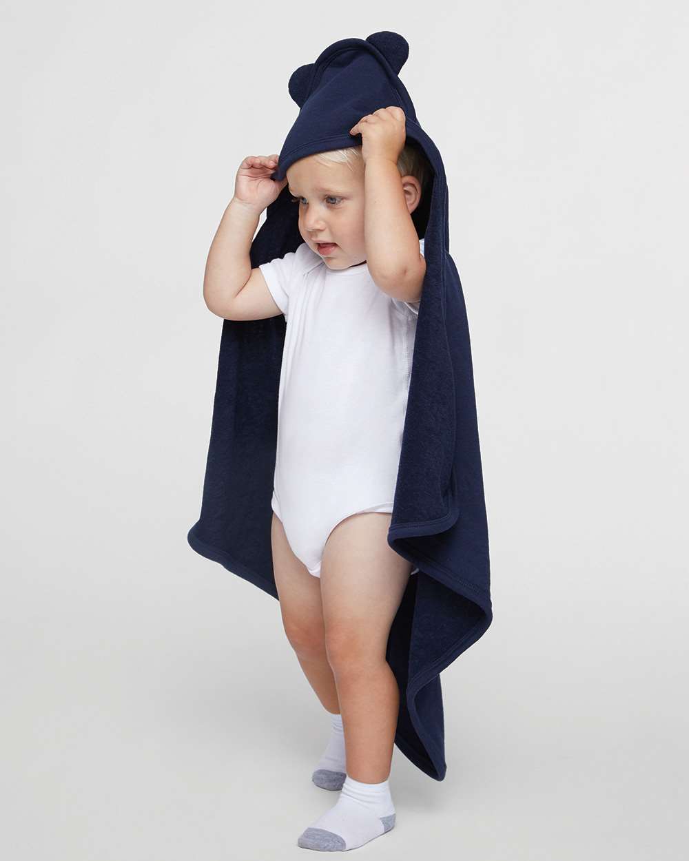 Terry Cloth Hooded Towel with Ears - OnModelFront - B03038650 - Navy