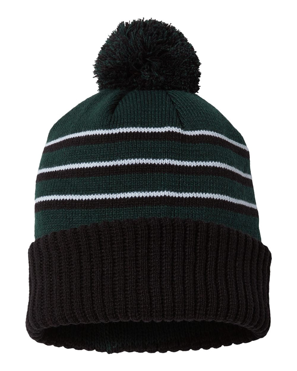 Pom Cuffed Beanie - Back - B54995540 - Dark Green/ Black/ White