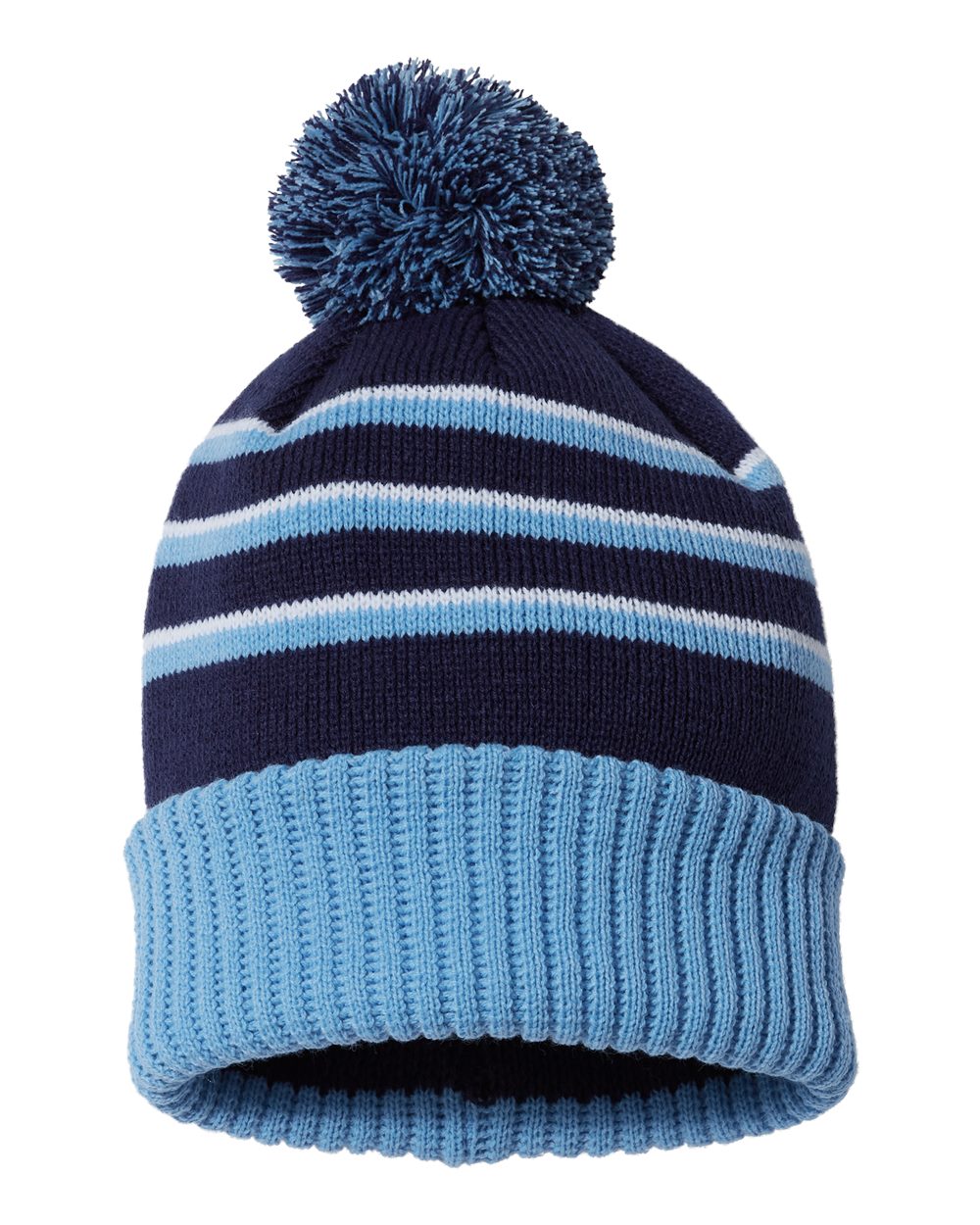 Pom Cuffed Beanie - Front - B54995650 - Navy/ Columbia Blue/ White
