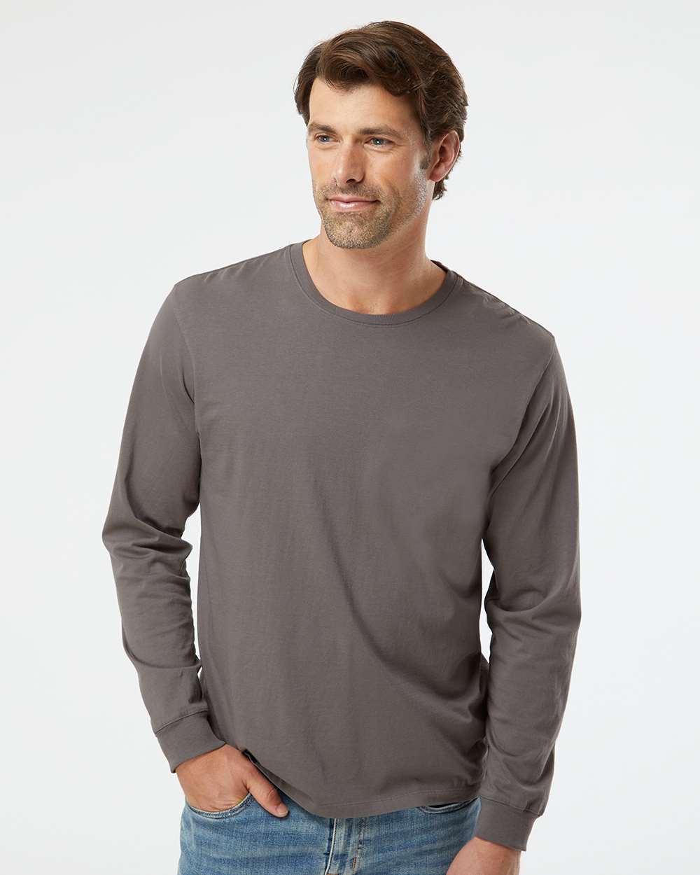 Unisex Organic Long Sleeve T-Shirt - OnModelFront - B10272003 - Graphite
