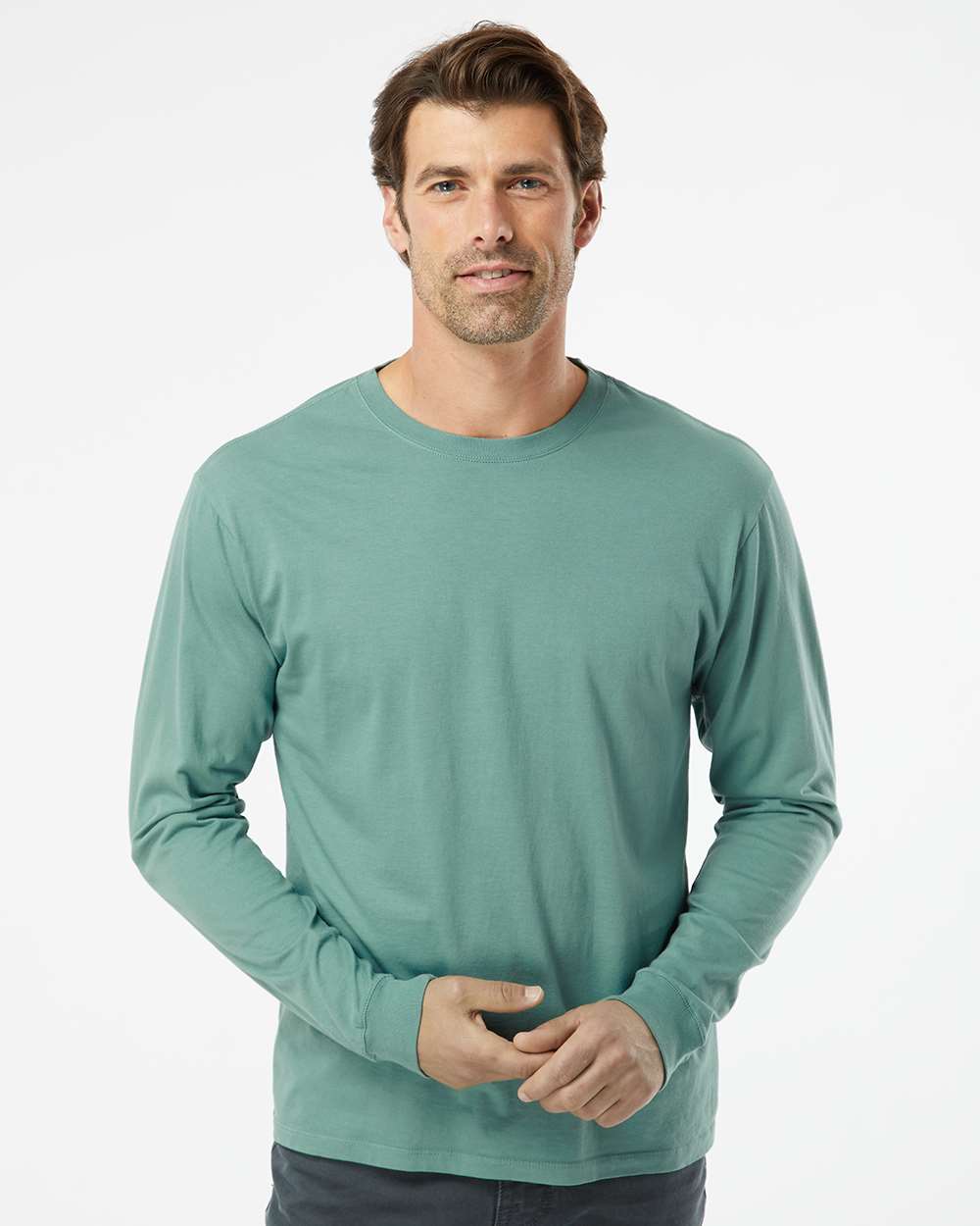 Unisex Organic Long Sleeve T-Shirt - OnModelFront - B10272113 - Pine