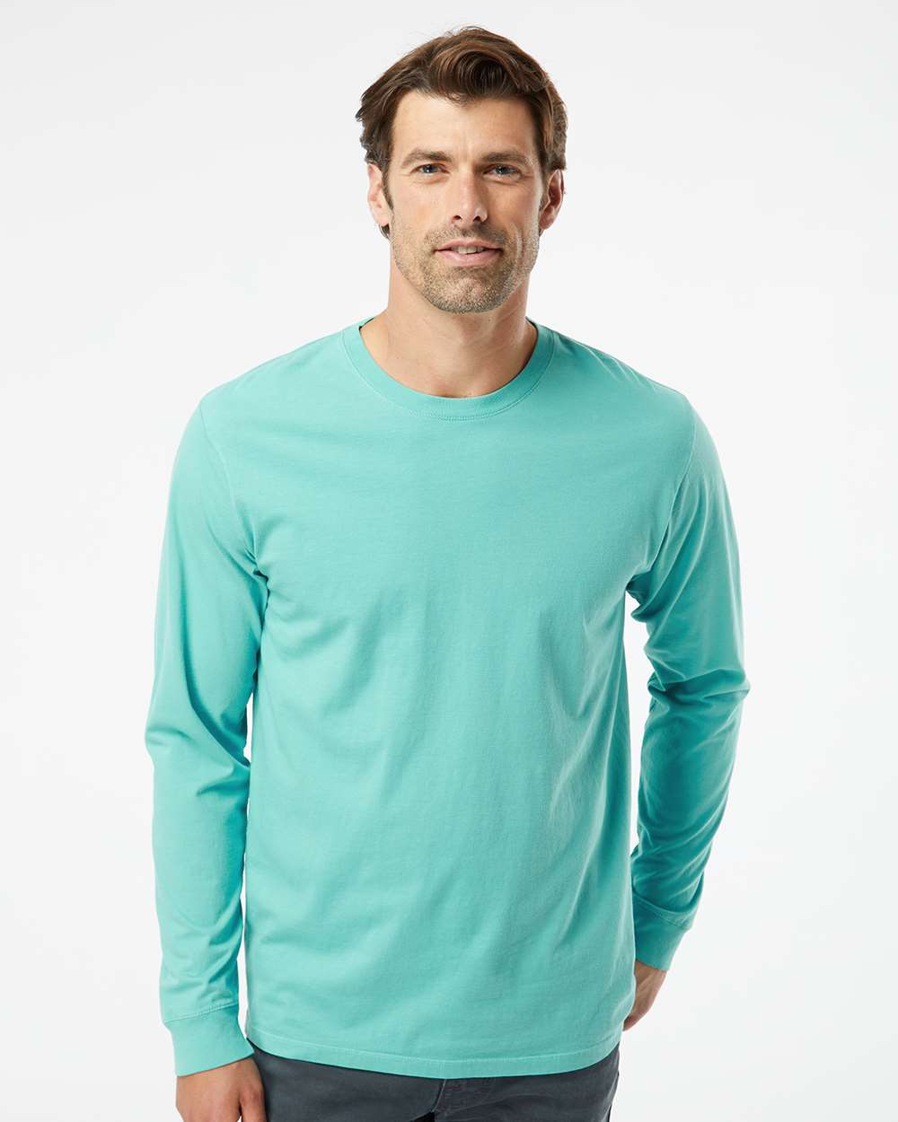 Unisex Organic Long Sleeve T-Shirt - OnModelFront - B10272123 - Seafoam