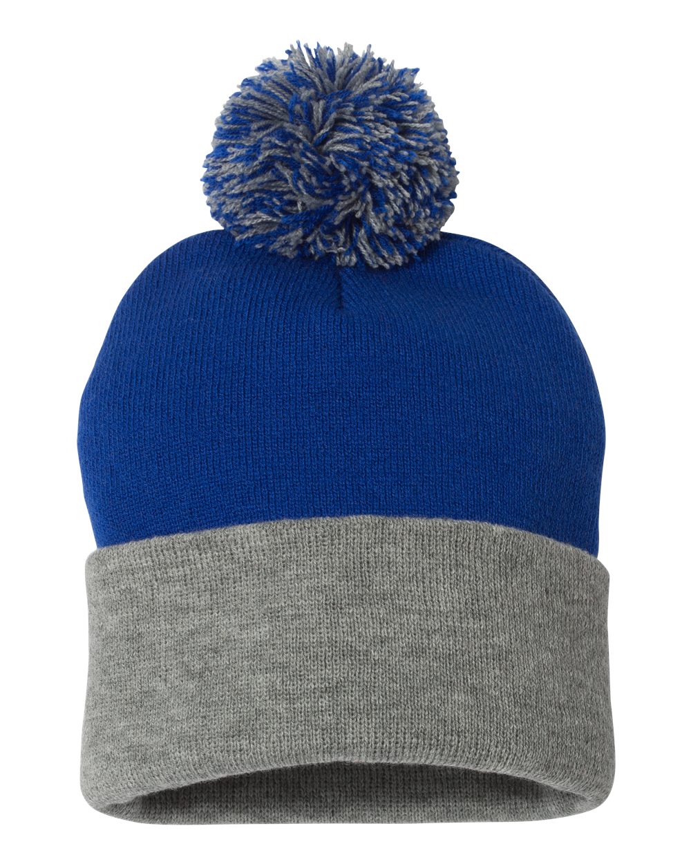 12" Pom-Pom Cuffed Beanie - Back - B21595180 - Royal/ Light Heather Grey